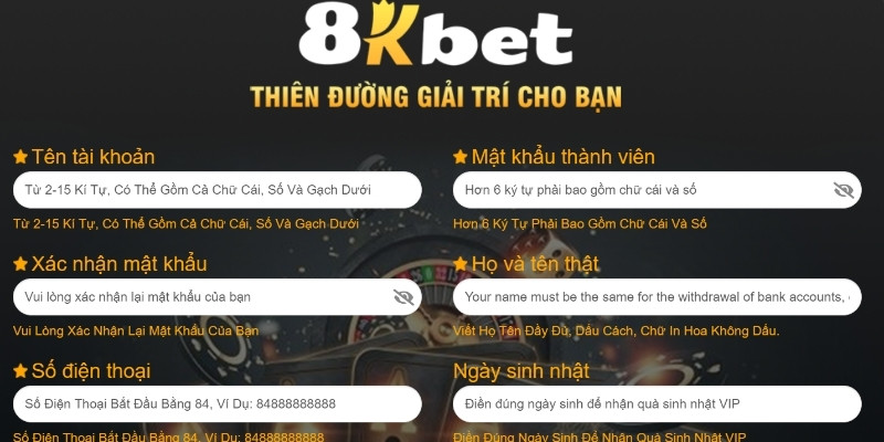 Giao diện đăng ký 8Kbet luôn có hướng dẫn cụ thể